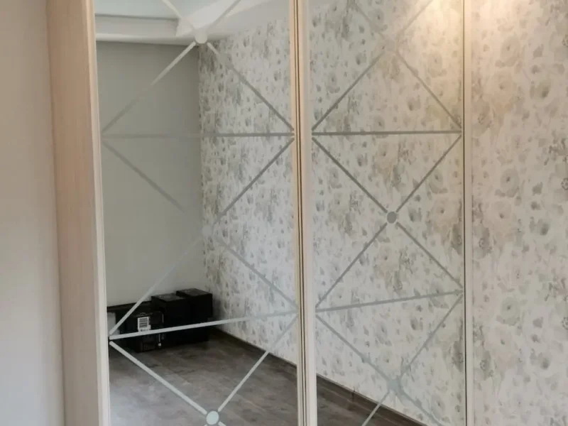 Компактна шафа-купе під дерево з дзеркалами та декоративними візерунками